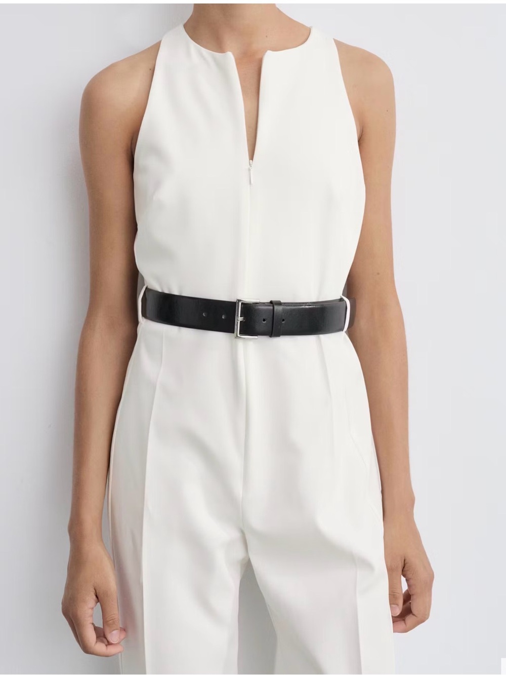 Mango White Sleeveless Halter Jumpsuit with Black Belt size Small
